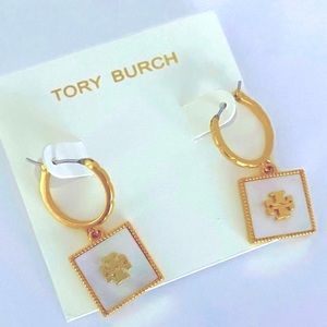 Tory Burch white & gold square drop earrings
